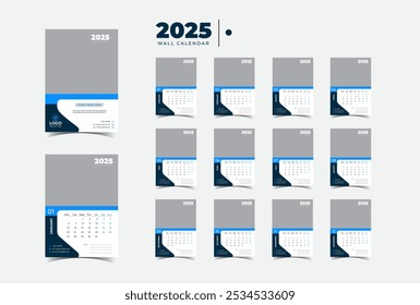  Modern stylish Flat 2025 wall calendar template month planner Design vector.