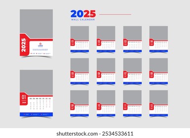  Modern stylish Flat 2025 wall calendar template month planner Design vector.