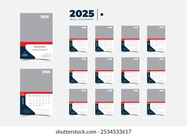  Modern stylish Flat 2025 wall calendar template month planner Design vector.