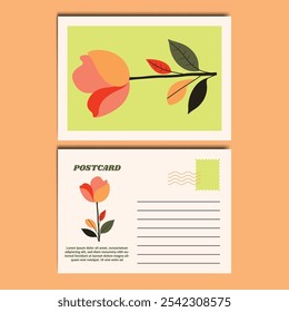Modern and Stylish Floral Illustration Postcard Design Template. Customizable design for thank-you notes, invitations, greetings, or postcard. Minimalist design with floral details.
