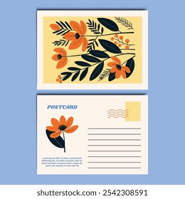 Modern and Stylish Floral Illustration Postcard Design Template. Customizable design for thank-you notes, invitations, greetings, or postcard. Minimalist design with floral details.
