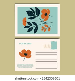 Modern and Stylish Floral Illustration Postcard Design Template. Customizable design for thank-you notes, invitations, greetings, or postcard. Minimalist design with floral details.