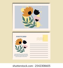 Modern and Stylish Floral Illustration Postcard Design Template. Customizable design for thank-you notes, invitations, greetings, or postcard. Minimalist design with floral details.