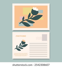 Modern and Stylish Floral Illustration Postcard Design Template. Customizable design for thank-you notes, invitations, greetings, or postcard. Minimalist design with floral details.