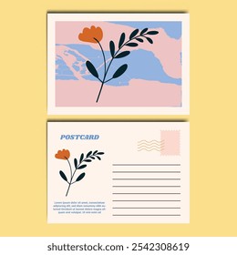 Modern and Stylish Floral Illustration Postcard Design Template. Customizable design for thank-you notes, invitations, greetings, or postcard. Minimalist design with floral details.