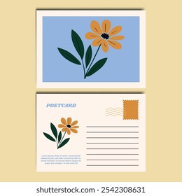 Modern and Stylish Floral Illustration Postcard Design Template. Customizable design for thank-you notes, invitations, greetings, or postcard. Minimalist design with floral details.