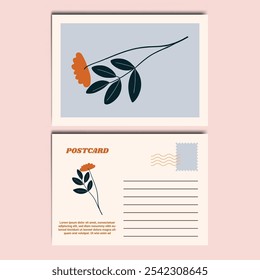 Modern and Stylish Floral Illustration Postcard Design Template. Customizable design for thank-you notes, invitations, greetings, or postcard. Minimalist design with floral details.
