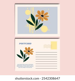 Modern and Stylish Floral Illustration Postcard Design Template. Customizable design for thank-you notes, invitations, greetings, or postcard. Minimalist design with floral details.