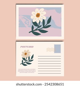 Modern and Stylish Floral Illustration Postcard Design Template. Customizable design for thank-you notes, invitations, greetings, or postcard. Minimalist design with floral details.