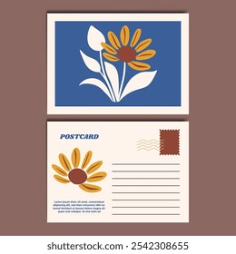 Modern and Stylish Floral Illustration Postcard Design Template. Customizable design for thank-you notes, invitations, greetings, or postcard. Minimalist design with floral details.