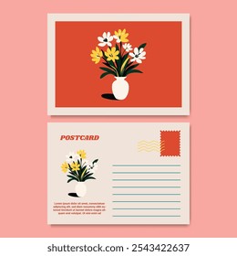 Modern and Stylish Floral Illustration Postcard Design Template. Customizable design for thank-you notes, invitations, greetings, or postcard. Minimalist design with floral details.
