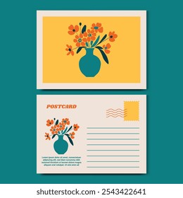 Modelo moderno e elegante de design de cartão postal de ilustração floral. Design personalizável para anotações de agradecimento, convites, saudações ou cartão postal. Design minimalista com detalhes florais.