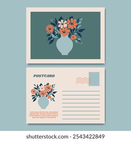 Modelo moderno e elegante de design de cartão postal de ilustração floral. Design personalizável para anotações de agradecimento, convites, saudações ou cartão postal. Design minimalista com detalhes florais.