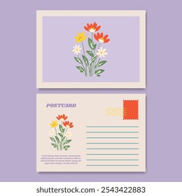Modern and Stylish Floral Illustration Postcard Design Template. Customizable design for thank-you notes, invitations, greetings, or postcard. Minimalist design with floral details.