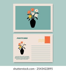 Modelo moderno e elegante de design de cartão postal de ilustração floral. Design personalizável para anotações de agradecimento, convites, saudações ou cartão postal. Design minimalista com detalhes florais.