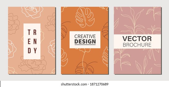 Modern stylish floral poster templates. Vector minimal art covers layouts, greeting cards, flyers, wedding invitations set. Branding design. Stories, brochures backgrounds, branding design.