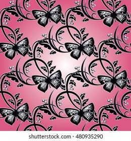 Modern stylish floral vector seamless pattern background wallpaper illustration with vintage decorative elegant black and white butterflies flowers and ornaments on the light pink  background. 