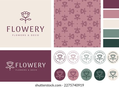 Modern and stylish florist shop logo set with primary  secondary logo,  icons, color palette and pattern. Ideal also for floral designer  home decor shop.