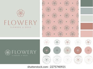 Modern and stylish florist shop logo set with primary  secondary logo,  icons, color palette and pattern. Ideal also for floral designer  home decor shop.