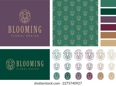 Modern and stylish florist shop logo set with primary  secondary logo,  icons, color palette and pattern. Ideal also for floral designer  home decor shop.