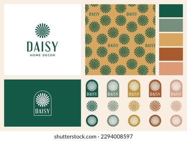 El logo de la tienda florista moderna y de diseño con el logotipo secundario primario, iconos, paleta de colores y patrón. Ideal también para una tienda de decoración de diseño floral.