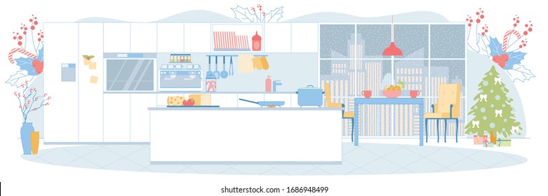 Modern Stylish and Functional Kitchen, Island Design. Christmas Tree with Gift Boxes in Dining Area. Panoramic Window Facing Cityscape in Snowy Weather. Background with Red Berries and Candy Canes.