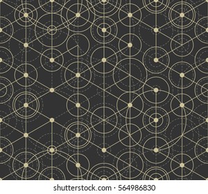 Modern stylish geometric background with irregular structure of repeating hexagonal grid and circles in trendy outlined style on the black background. Vector seamless pattern.