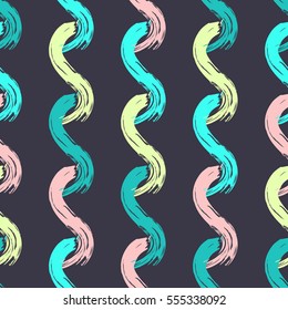 Modern stylish geometric background with repeating hand drawn colorful brush strokes in trendy Memphis style. Repeating texture perfect for fabrics, wallpapers and prints. Vector seamless pattern.