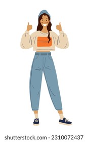 Una chica moderna y elegante muestra un gesto de pulgar arriba. Caricatura vectorial plana aislada en blanco, buen signo, todo está bien, me gusta. Carácter femenino, cultura juvenil universitaria.