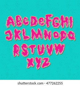 Modern and stylish hand drawn lettering for Happy Halloween. English alphabet. Vector handwritten brush script. ABC Painted Letters. Bright pink decorative alphabet. Flowing letters.