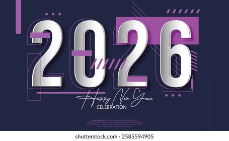 Modern and stylish Happy New Year 2026 celebration design. Featuring geometric shapes, a clean layout, and a vibrant purple and silver color scheme. 