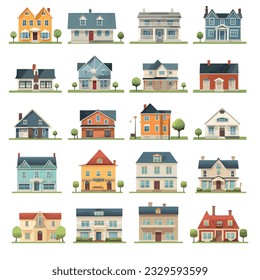 Iconos vectores frontales modernos y elegantes, que representan una variedad de diseños de cabañas contemporáneos y casas residenciales para diferentes propósitos