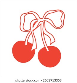 Modern stylish illustration. Print with red cherry and bow. Coquette cute core