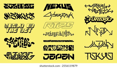 Modern stylish inscriptions, slogans, futuristic lettering, modern calligraphy, digital art. Futuristic y2k inscriptions for clothing design, logo, typography. Vector typeface, digital lettering art