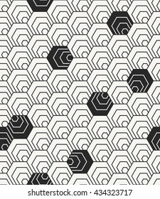 Modern stylish irregular geometric background with structure of repeating hexagons. Vector seamless pattern. Monochrome technological illustration.