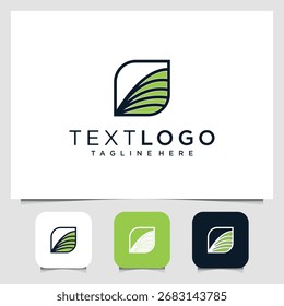 Diseño de logotipo moderno y elegante con un símbolo en forma de hoja con líneas Horizontales dentro de un cuadrado redondeado, perfecto para empresas en agricultura, educación o sectores ambientales.