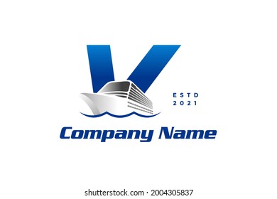 Modern and Stylish logo design Initial V combine with cruise ship.