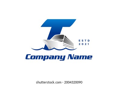 Modern and Stylish logo design Initial T combine with cruise ship.