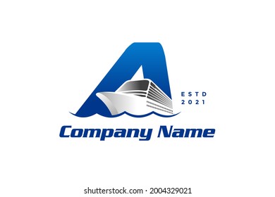 Modern and Stylish logo design Initial A combine with cruise ship.