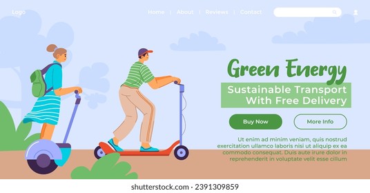 Modern and stylish means of transportation without harmful emissions, contribute to protection environment. Rental of electric scooters. Website landing page, internet site vector in flat style