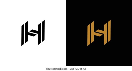 A modern and stylish minimalist letter H logo, presented with black and golden tones on contrasting backgrounds.