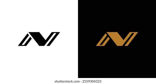 A modern and stylish minimalist letter N logo, presented with black and golden tones on contrasting backgrounds.