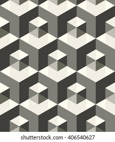 Modern stylish monochrome geometric texture with structure of repeating metallic cubes with volume effect - vector seamless pattern