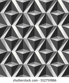 Modern stylish monochrome geometric texture with structure of repeating rhombuses and triangles. Polygonal background with volumetric effect perfect for wallpapers and decor. Vector seamless pattern.