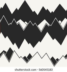 Modern stylish monochrome mountain range background with irregular structure of horizontal waves. Repeating  texture perfect for wallpapers, prints and decoration. Vector seamless pattern.