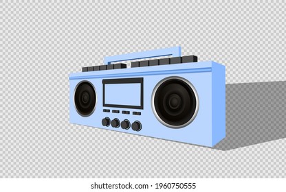 Modern stylish music receiver. Blue Boombox, audio and music. Retro old Realistic 3d object. Tape recorder vintage isolated on transparent background. vector illustration