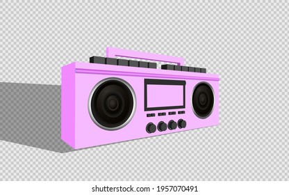 Modern stylish music receiver. Pink Boombox, audio and music. Retro old Realistic 3d object. Tape recorder vintage isolated on transparent background. vector illustration