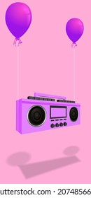 Modern stylish music receiver. Pink boombox, audio and music. Retro old realistic 3d object. Vintage tape recorder isolated on a pink background. vector illustration
