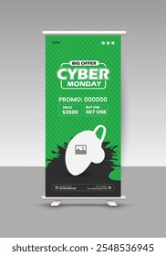 Modern and stylish new earbuds sale roll-up display standee banner design or Cyber ​​Monday and Black Friday sale roll-up banner template