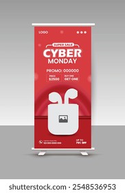 Modern and stylish new earbuds sale roll-up display standee banner design or Cyber ​​Monday and Black Friday sale roll-up banner template